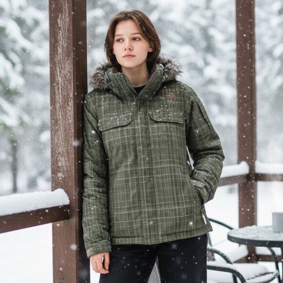 The North Face Jackets & Blazers - The North Face Y2K Womens Sz S Green Brown Plaid Hooded Ski Jacket